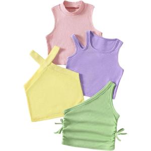 imageOYOANGLE Toddler Girls 4 Pack Ribbed Knit Crop Tank Tops Set One Shoulder Summer CamisolePink and Yellow