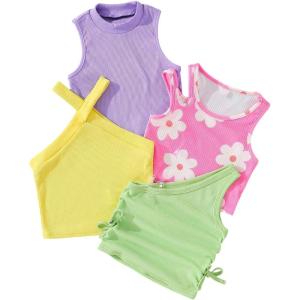 imageOYOANGLE Toddler Girls 4 Pack Ribbed Knit Crop Tank Tops Set One Shoulder Summer CamisoleYellow Purple