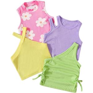 imageOYOANGLE Toddler Girls 4 Pack Ribbed Knit Crop Tank Tops Set One Shoulder Summer CamisoleYellow and Green