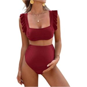 imageOYOANGLE Womens 2 Piece Maternity Bikini Sets Square Neck High Waist Swimsuit Summer Casual Bathing SuitBurgundy