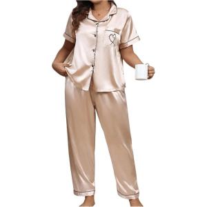 imageOYOANGLE Womens 2 Piece Plus Size Heart Printed Silk Satin Pajama Set Short Sleeve Shirt and Pants Lounge SetsApricot Graphic