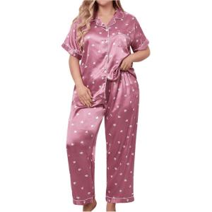 imageOYOANGLE Womens 2 Piece Plus Size Heart Printed Silk Satin Pajama Set Short Sleeve Shirt and Pants Lounge SetsDusty Pink