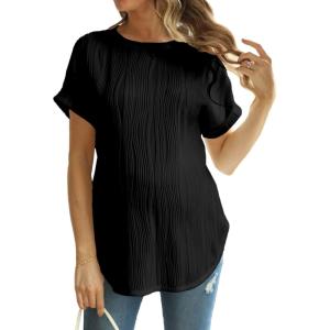 imageOYOANGLE Womens Casual Maternity TShirt Textured Short Sleeve Crew Neck Loose Tunic Top Pregnancy Blouse TeeBlack