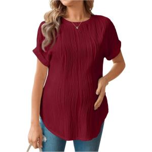 imageOYOANGLE Womens Casual Maternity TShirt Textured Short Sleeve Crew Neck Loose Tunic Top Pregnancy Blouse TeeBurgundy