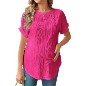 imageOYOANGLE Womens Casual Maternity TShirt Textured Short Sleeve Crew Neck Loose Tunic Top Pregnancy Blouse TeeHot Pink
