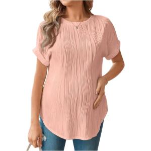 imageOYOANGLE Womens Casual Maternity TShirt Textured Short Sleeve Crew Neck Loose Tunic Top Pregnancy Blouse TeePink