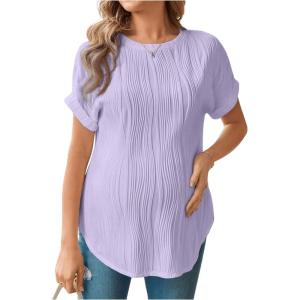 imageOYOANGLE Womens Casual Maternity TShirt Textured Short Sleeve Crew Neck Loose Tunic Top Pregnancy Blouse TeePurple