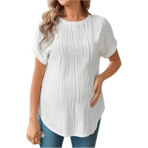 imageOYOANGLE Womens Casual Maternity TShirt Textured Short Sleeve Crew Neck Loose Tunic Top Pregnancy Blouse TeeWhite