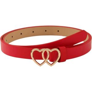 imageOYOANGLE Womens Double Heart Leather Belt Buckle Adjustable Skinny Belts Thin Belt for Jeans DressRed