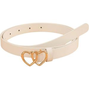 imageOYOANGLE Womens Double Heart Leather Belt Buckle Adjustable Skinny Belts Thin Belt for Jeans DressWhite