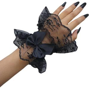 imageOYOANGLE Womens Floral Lace Bow Front Short Wrist Cuff Wedding Wrist Length Bridal Prom GlovesBlack