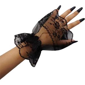 imageOYOANGLE Womens Floral Lace Bow Front Short Wrist Cuff Wedding Wrist Length Bridal Prom GlovesBlack Butterfly