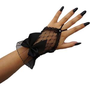 imageOYOANGLE Womens Floral Lace Bow Front Short Wrist Cuff Wedding Wrist Length Bridal Prom GlovesBlack Mesh