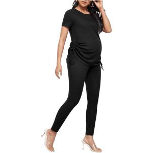 imageOYOANGLE Womens Maternity 2 Piece Outfits Drawstring Ruched Short Sleeve Ribbed Tee Top ampamp Leggings Pregnancy Lounge SetBlack