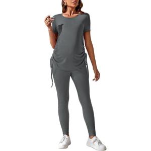 imageOYOANGLE Womens Maternity 2 Piece Outfits Drawstring Ruched Short Sleeve Ribbed Tee Top ampamp Leggings Pregnancy Lounge SetGrey Dark