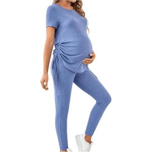 imageOYOANGLE Womens Maternity 2 Piece Outfits Drawstring Ruched Short Sleeve Ribbed Tee Top ampamp Leggings Pregnancy Lounge SetLight Blue