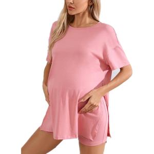 imageOYOANGLE Womens Maternity 2 Piece Outfits Short Sleeve Split Hem Tee Shirt and Shorts SetDusty Pink