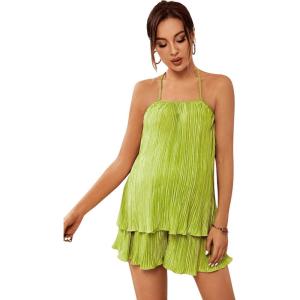 imageOYOANGLE Womens Maternity 2 Piece Pajamas Outfits Textured Cami Halter Top and Shorts Lounge SetGreen