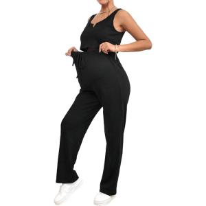 imageOYOANGLE Womens Maternity 2 Piece Pajamas Set Rib Knit Sleeveless Crop Tank Top and Drawstring Waist Pants LoungewearBlack