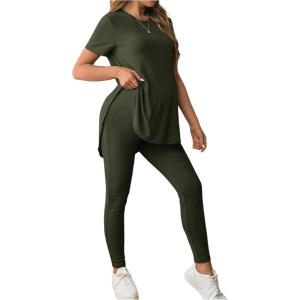 imageOYOANGLE Womens Maternity 2 Piece Ribbed Knit Lounge Set Short Sleeve Tshirt and Legging Pants Fall OutfitsArmy Green