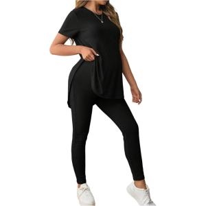 imageOYOANGLE Womens Maternity 2 Piece Ribbed Knit Lounge Set Short Sleeve Tshirt and Legging Pants Fall OutfitsBlack