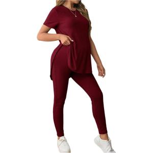 imageOYOANGLE Womens Maternity 2 Piece Ribbed Knit Lounge Set Short Sleeve Tshirt and Legging Pants Fall OutfitsBurgundy