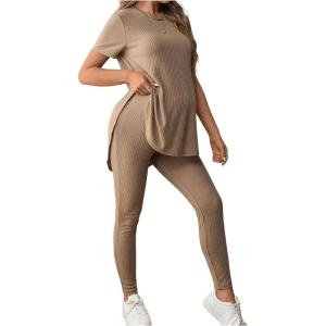 imageOYOANGLE Womens Maternity 2 Piece Ribbed Knit Lounge Set Short Sleeve Tshirt and Legging Pants Fall OutfitsKhaki