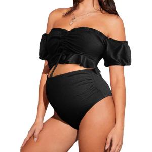 imageOYOANGLE Womens Maternity 2 Pieces High Waist Off Shoulder Ruffle Hem Bikini Set Swimsuit Pregnancy SwimwearBlack