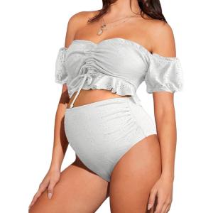 imageOYOANGLE Womens Maternity 2 Pieces High Waist Off Shoulder Ruffle Hem Bikini Set Swimsuit Pregnancy SwimwearWhite