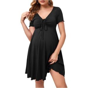 imageOYOANGLE Womens Maternity Bow Front Short Sleeve Dress V Neck A Line Pregnancy Casual Short DressesBlack