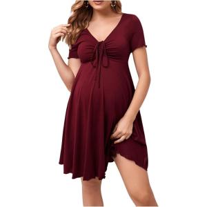 imageOYOANGLE Womens Maternity Bow Front Short Sleeve Dress V Neck A Line Pregnancy Casual Short DressesBurgundy