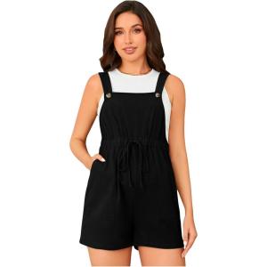 imageOYOANGLE Womens Maternity Button Sleeveless Drawstring High Waist Short Overall Casual Romper with PocketBlack