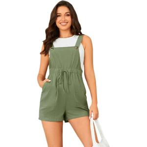 imageOYOANGLE Womens Maternity Button Sleeveless Drawstring High Waist Short Overall Casual Romper with PocketGreen