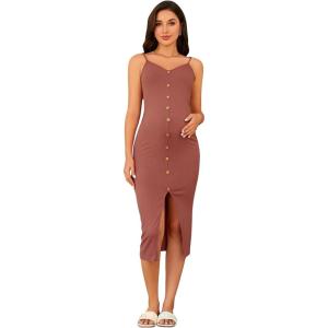 imageOYOANGLE Womens Maternity Cami Dress Split Hem Rib Knit Buttoned Sleeveless Long Bodycon Slip DressesRedwood