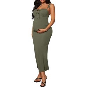 imageOYOANGLE Womens Maternity Drawstring Front Cami Dress Ribbed Knit Bodycon Midi DressesArmy Green
