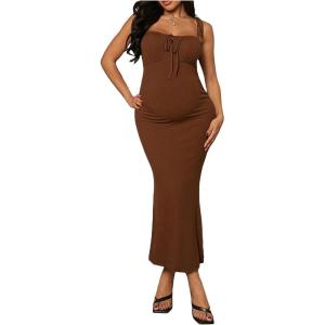 imageOYOANGLE Womens Maternity Drawstring Front Cami Dress Ribbed Knit Bodycon Midi DressesBrown
