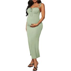 imageOYOANGLE Womens Maternity Drawstring Front Cami Dress Ribbed Knit Bodycon Midi DressesMint Green