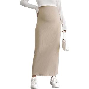 imageOYOANGLE Womens Maternity High Waist Long Maxi Skirt Casual Solid Adjustable SkirtsApricot