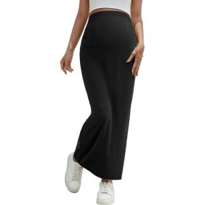 imageOYOANGLE Womens Maternity High Waist Long Maxi Skirt Casual Solid Adjustable SkirtsBlack