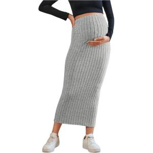 imageOYOANGLE Womens Maternity High Waist Long Maxi Skirt Casual Solid Adjustable SkirtsGrey