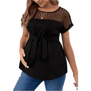 imageOYOANGLE Womens Maternity Lace Tie Front Short Sleeve Blouses Crew Neck Loose Casual Pregnancy Tunic TopsBlack