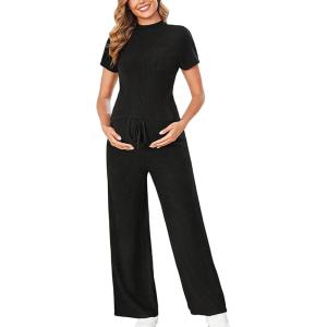 imageOYOANGLE Womens Maternity Lounge Set 2 Piece Ribbed Knit Short Sleeve Top and Pants Pajama Set SleepwearBlack