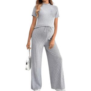 imageOYOANGLE Womens Maternity Lounge Set 2 Piece Ribbed Knit Short Sleeve Top and Pants Pajama Set SleepwearGrey
