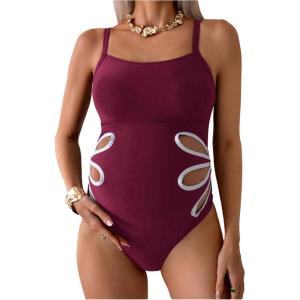 imageOYOANGLE Womens Maternity One Piece Swimsuits Cut Out Spaghetti Strap Pregnancy Bathing Suits SwimwearBurgundy