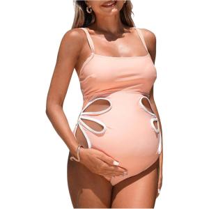 imageOYOANGLE Womens Maternity One Piece Swimsuits Cut Out Spaghetti Strap Pregnancy Bathing Suits SwimwearDusty Pink