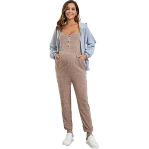 imageOYOANGLE Womens Maternity Ribbed Knit Cami Jumpsuit Button Spaghetti Strap Pregnancy Romper with PocketsBrown
