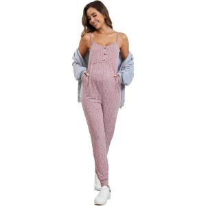 imageOYOANGLE Womens Maternity Ribbed Knit Cami Jumpsuit Button Spaghetti Strap Pregnancy Romper with PocketsBurgundy