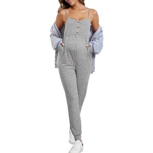 imageOYOANGLE Womens Maternity Ribbed Knit Cami Jumpsuit Button Spaghetti Strap Pregnancy Romper with PocketsLight Grey