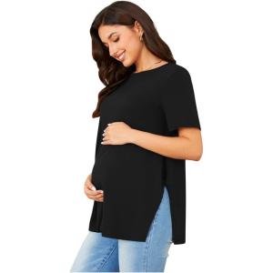 imageOYOANGLE Womens Maternity Shirts Split Hem Short Sleeve Loose Tunic Tops Tee Casual Pregnancy ClothesBlack