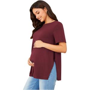 imageOYOANGLE Womens Maternity Shirts Split Hem Short Sleeve Loose Tunic Tops Tee Casual Pregnancy ClothesBurgundy